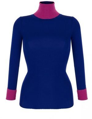 Fine Silk Blend Two Tone Turtleneck Iris