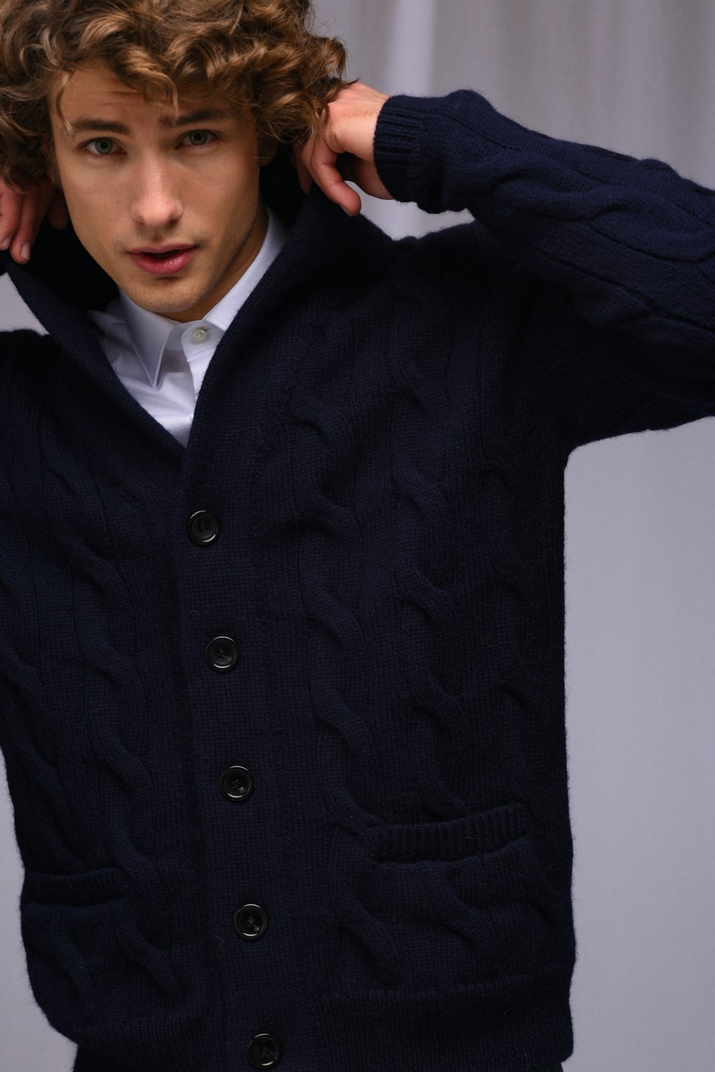 Cable Knit Cardigan for Men, Navy AmiAmalia Luxury Knitwear