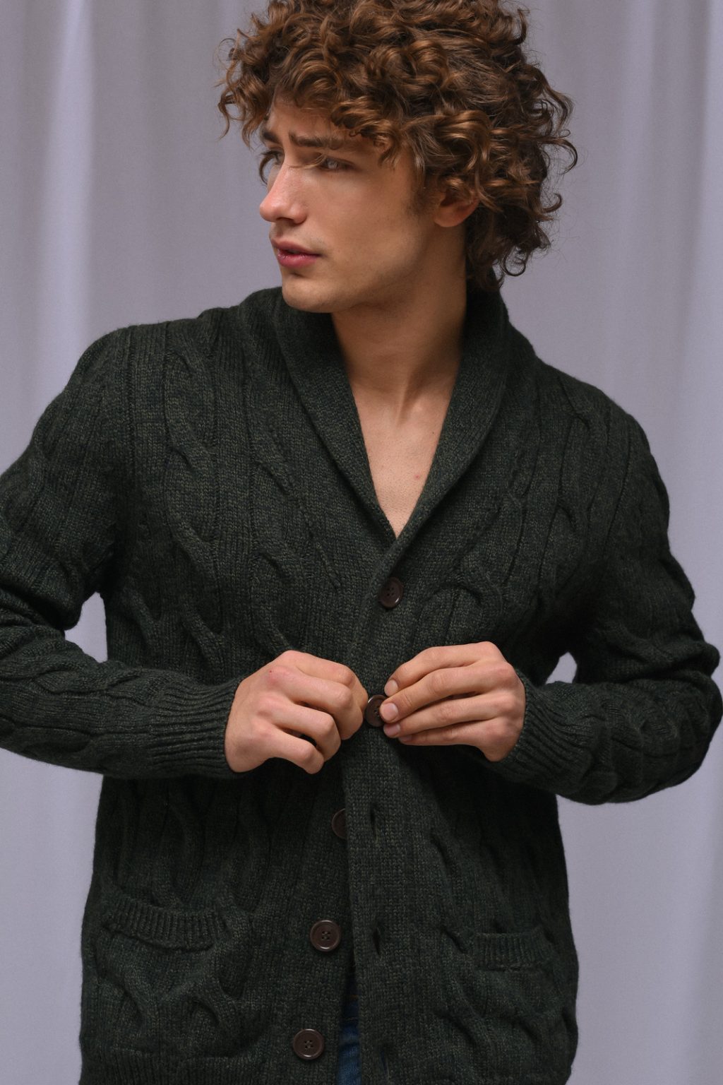 Cable Knit Cardigan for Men, Forest - AmiAmalia Luxury Knitwear