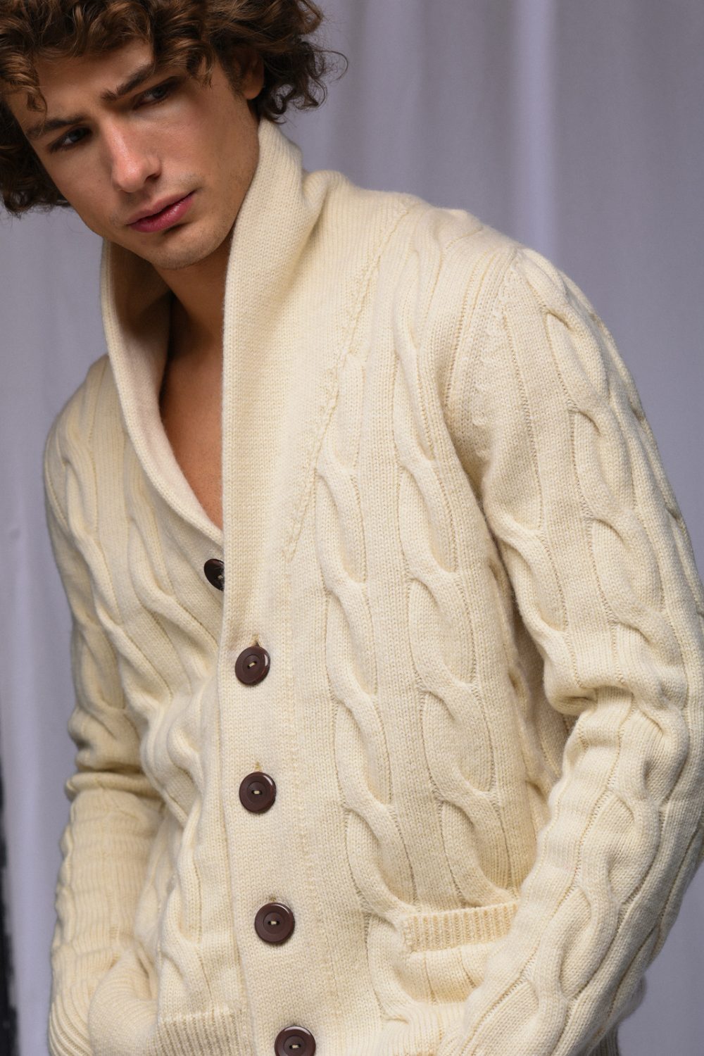 Cable Knit Cardigan for Men, Organic White - AmiAmalia Luxury Knitwear