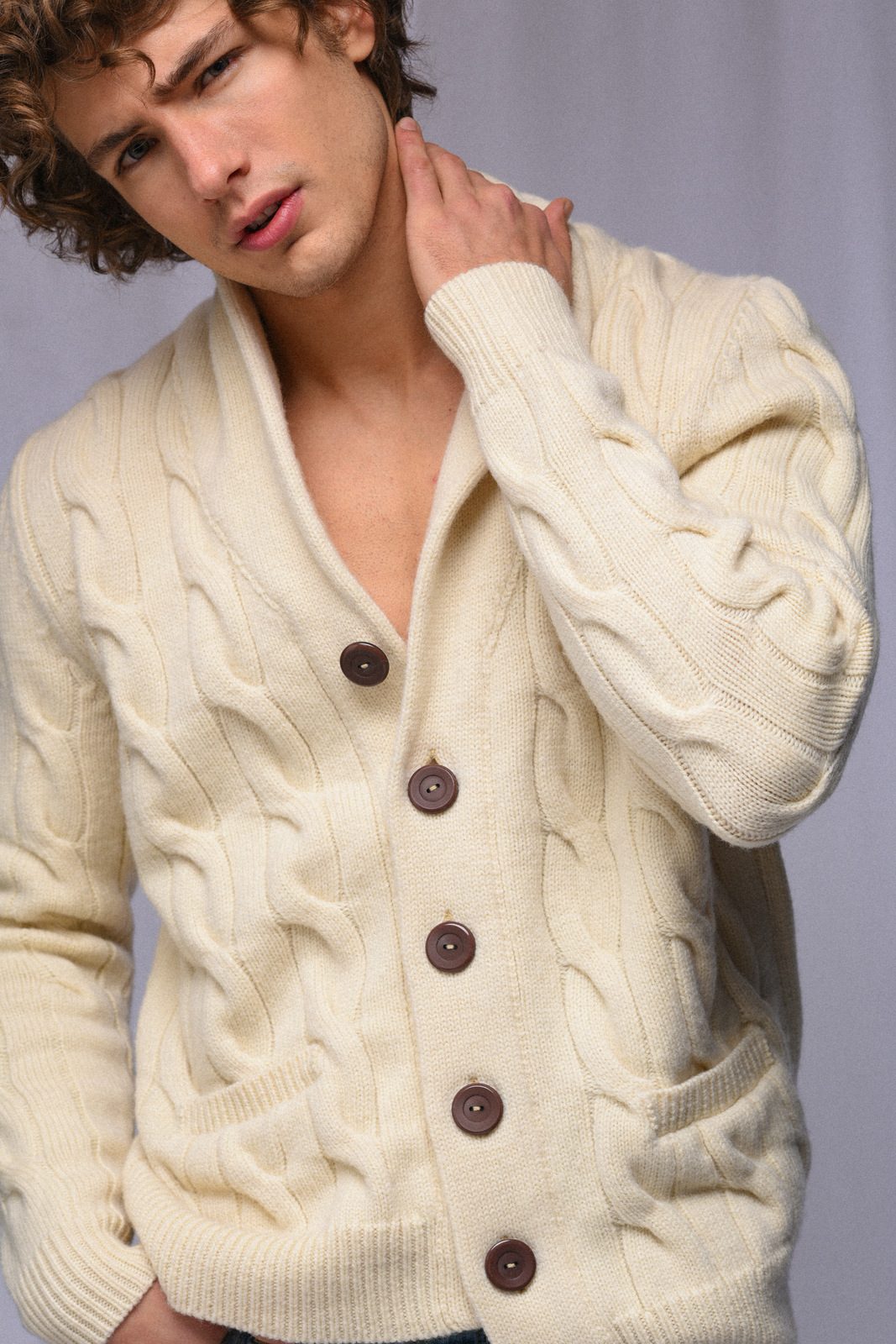 Cable Knit Cardigan for Men, Organic White AmiAmalia Luxury Knitwear