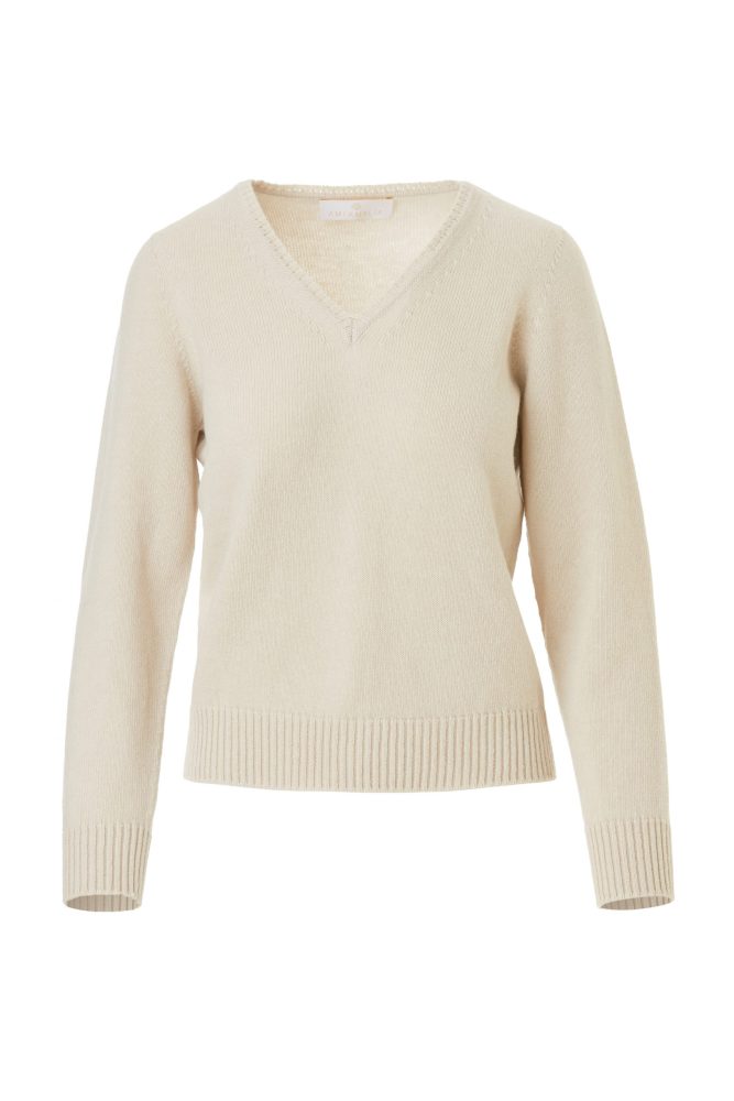 3D Merino V-neck Sweater, Pearl White - AmiAmalia Luxury Knitwear