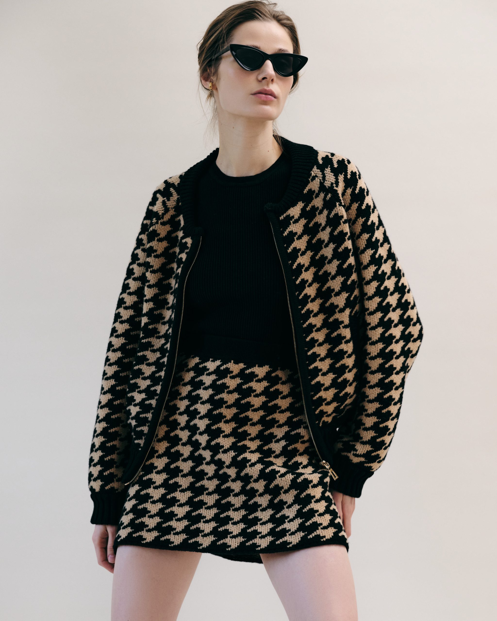 Houndstooth Mini Skirt, Black and Warm Sand - AmiAmalia Luxury Knitwear