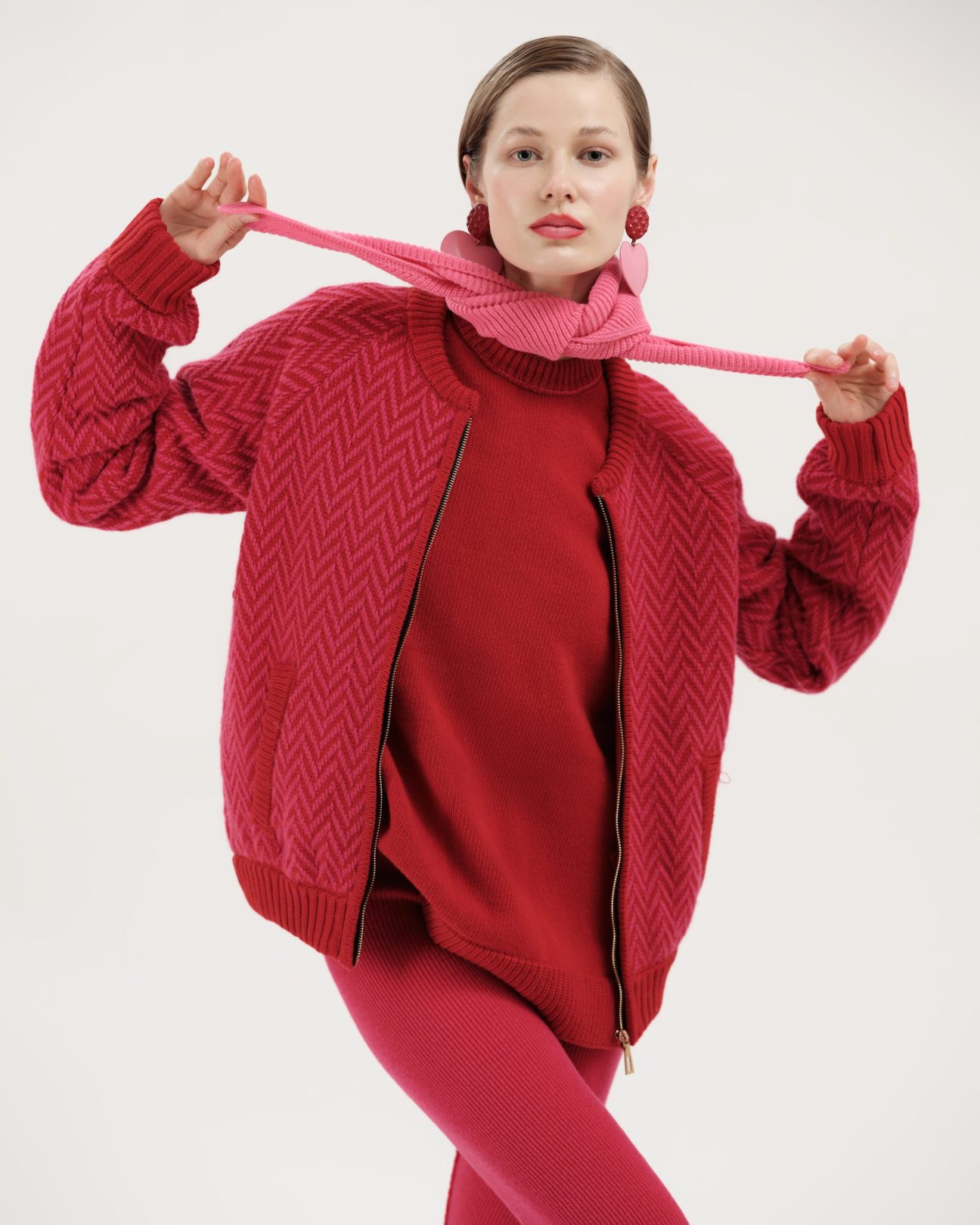 Herringbone Bomber Jacket, Red - AmiAmalia Luxury Knitwear