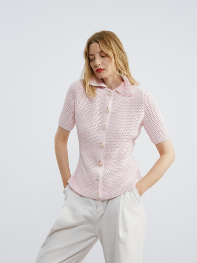 Polo V25 Jachetă croșetată, Waist Fit, roz pudră - OFERTĂ